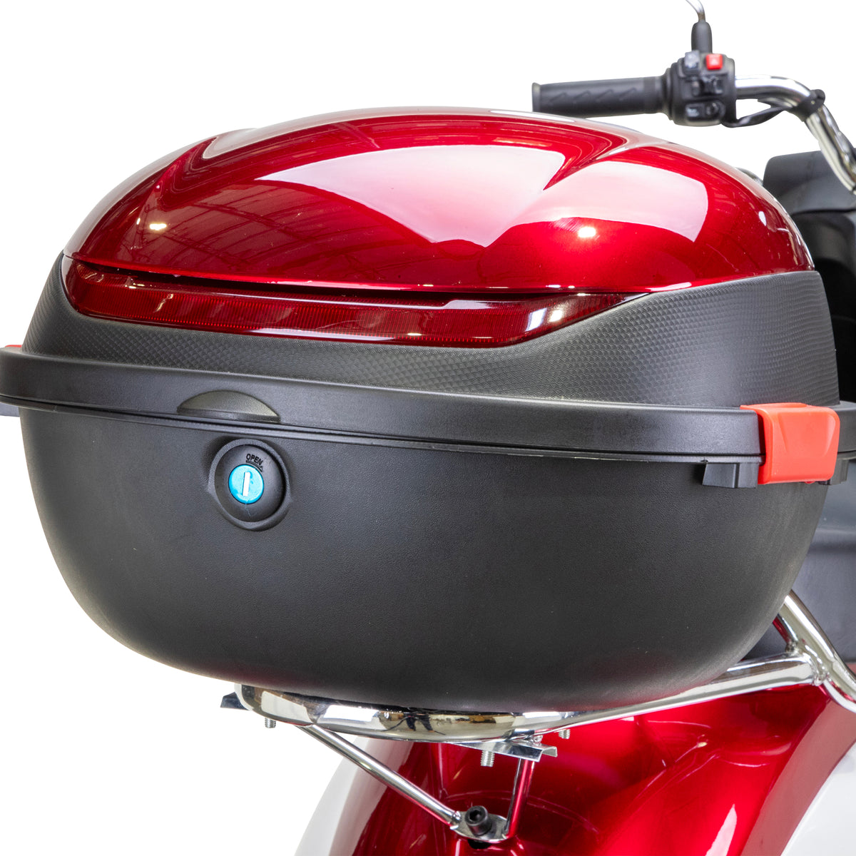 Bespoke Supreme 3-Wheel All-Terrain Recreational Mobility Scooter in Red and White Locking Compartment