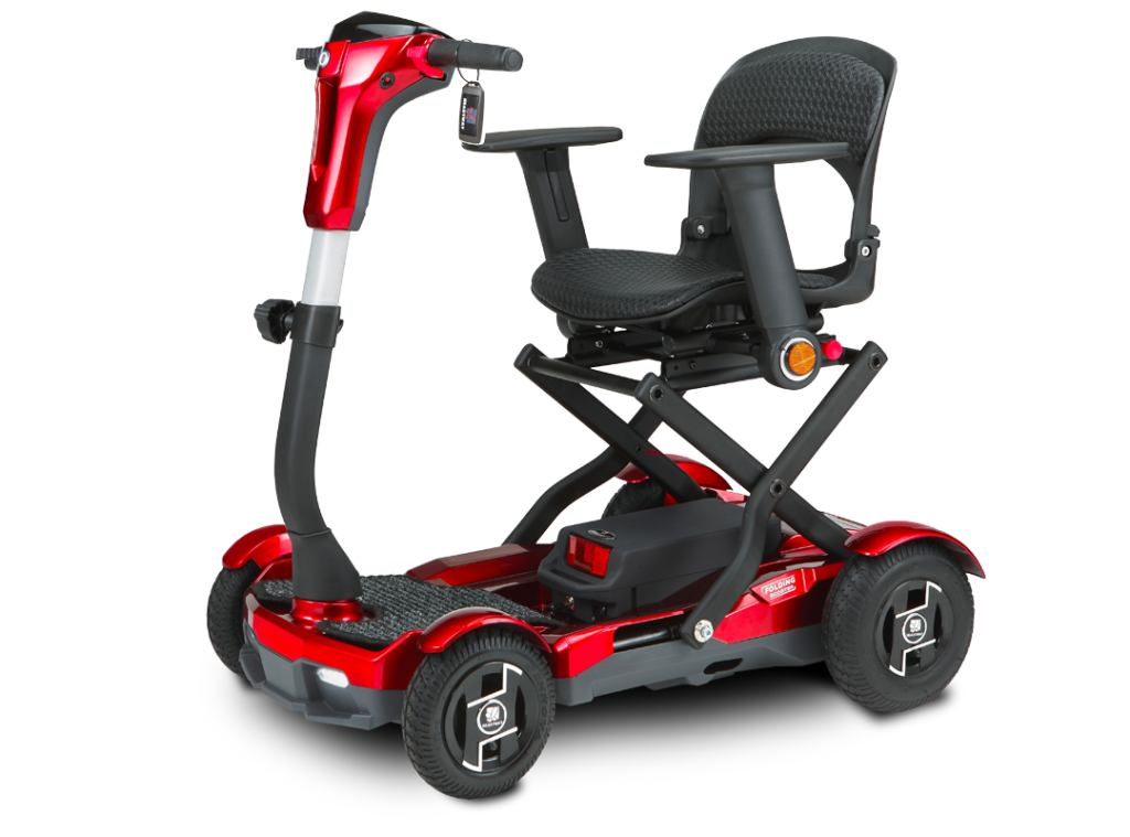 EV Rider TEQNO folding mobility scooter in red with armrests