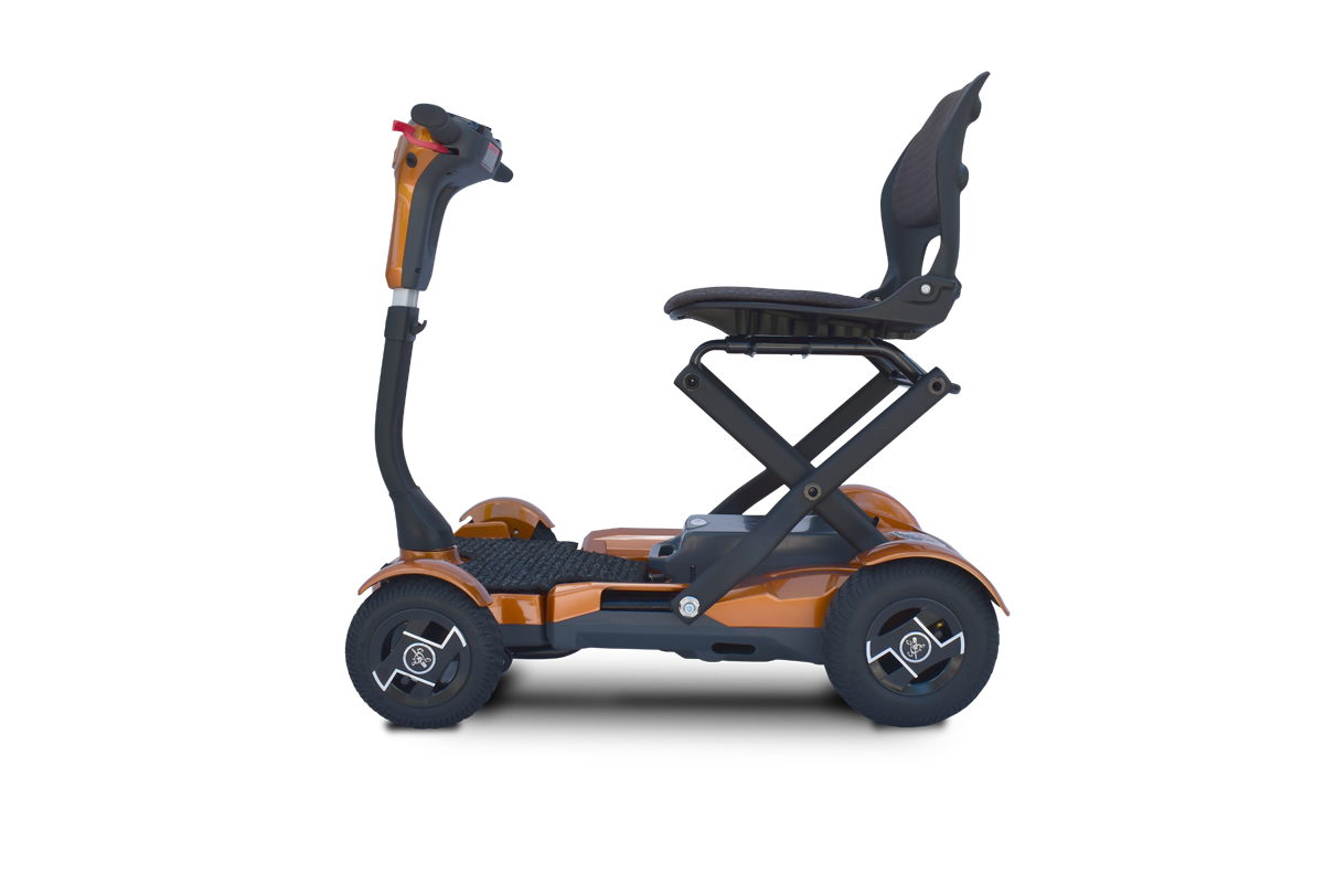 EV Rider TEQNO folding mobility scooter in gold side view