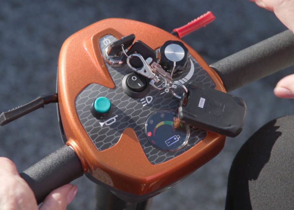 EV Rider Transport 4AF Automatic Folding Travel Mobility Scooter in Gold Tiller