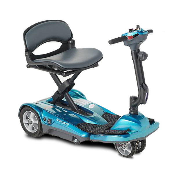 EV Rider Transport AF+ folding mobility scooter in blue with a seat on a white background