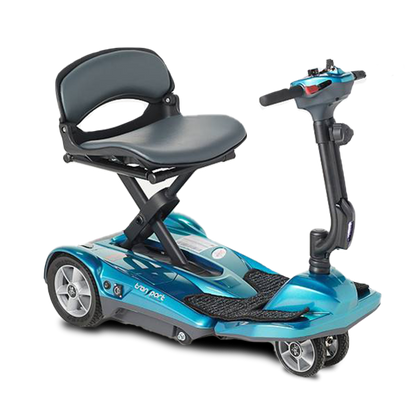 EV Rider Transport AF+ folding mobility scooter in blue with a seat on a white background