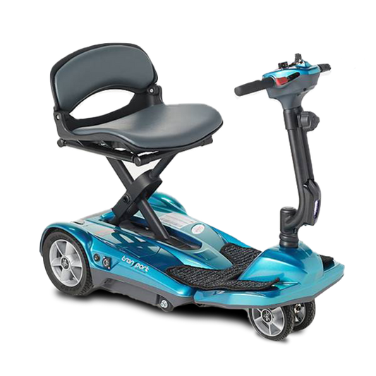 EV Rider Transport AF+ folding mobility scooter in blue with a seat on a white background
