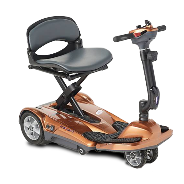 EV Rider Transport AF+ folding mobility scooter in copper with a seat on a white background