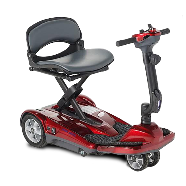 EV Rider Transport AF+ folding mobility scooter in red with a seat on a white background