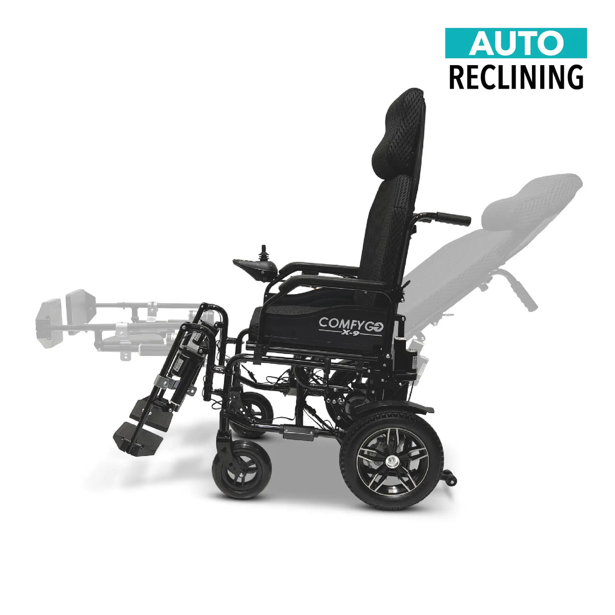 A black ComfyGo X-9 remote controlled electric wheelchair with automatic reclining backrest and lifting leg rests.