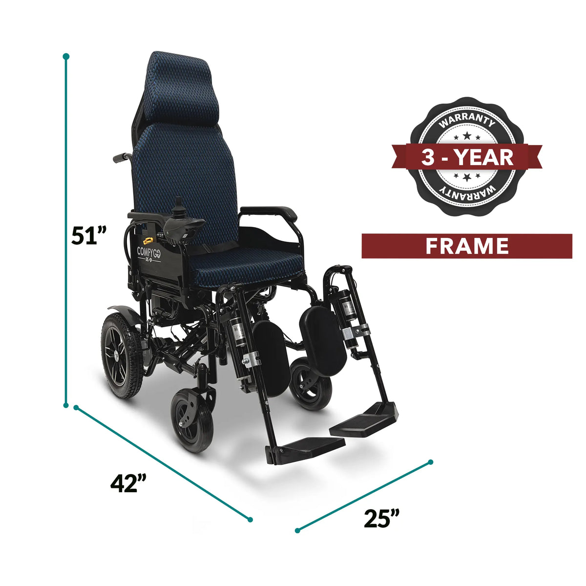 ComfyGo X-9 Remote Controlled Electric Wheelchair, Automatic Reclining Backrest & Lifting Leg Rests Dimensions