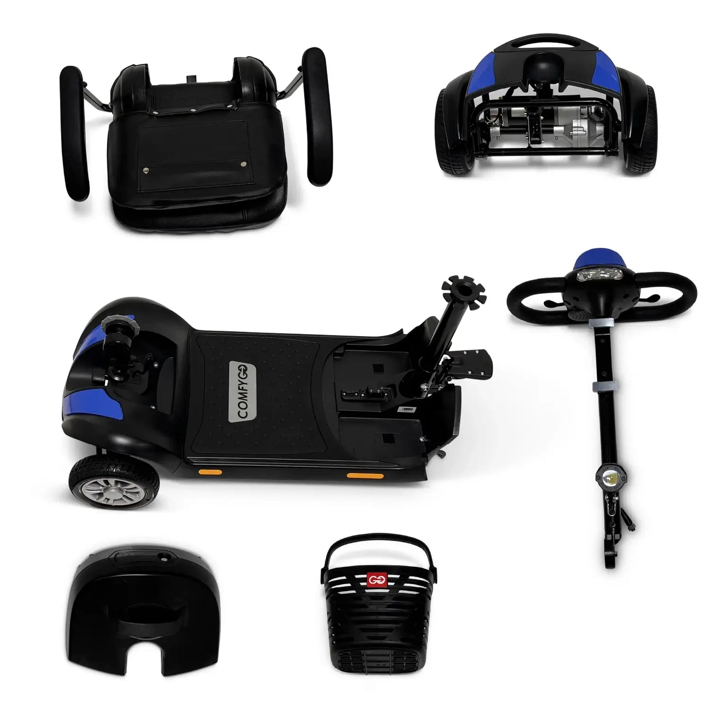 ComfyGo Z-4 Ultra-Light Electric Mobility Scooter With Quick-Detach Frame in Blue Disassembled