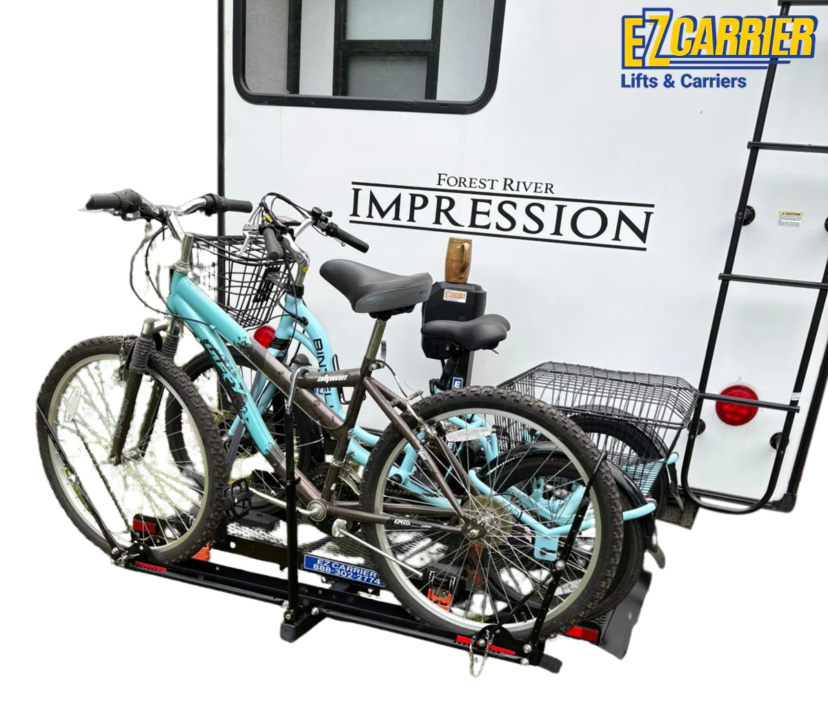 EZ Carrier EZCLA: EZ Carrier Lift Automatic (Full Automatic) attached to a Forest River Impression RV with E-Z Carrier branding.