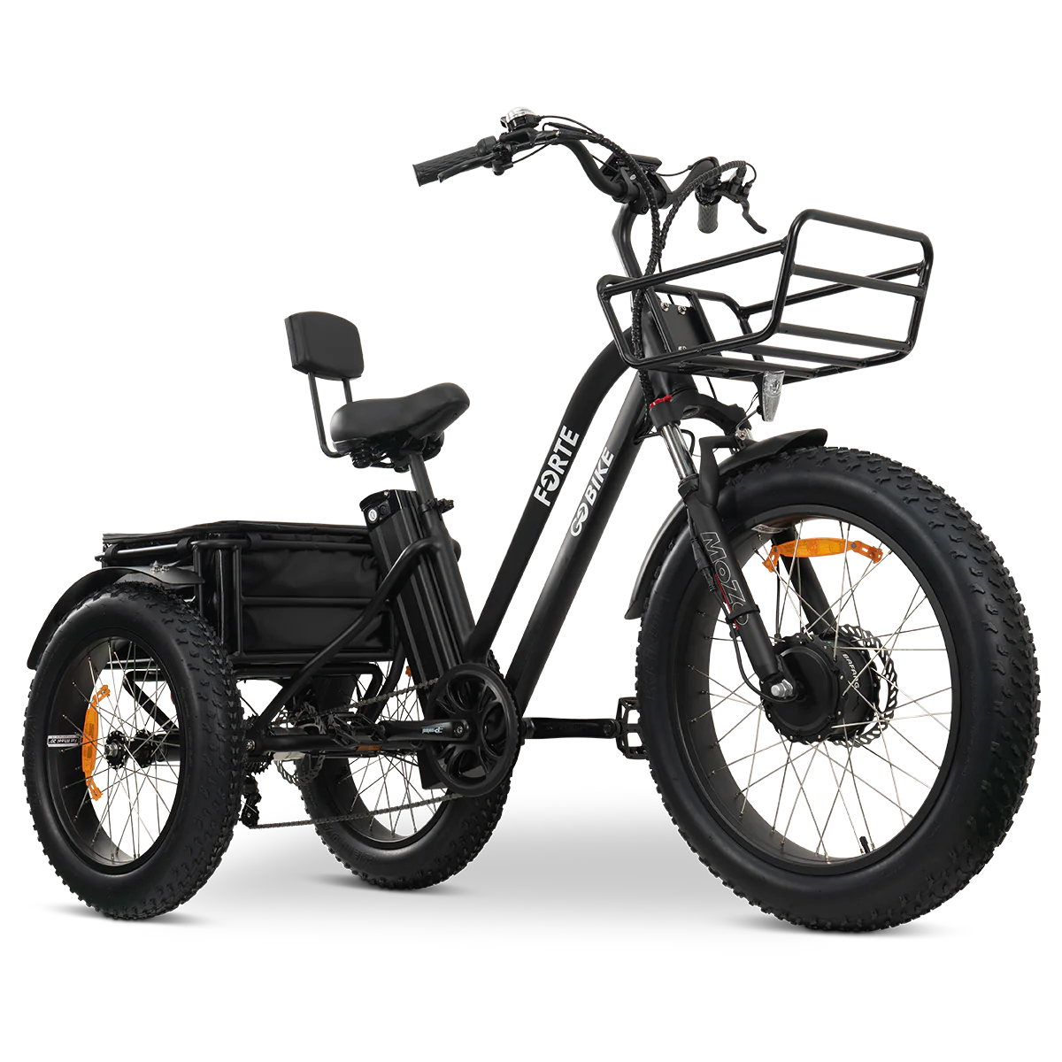A black GoBike FORTE electric tricycle with front and rear metal baskets.