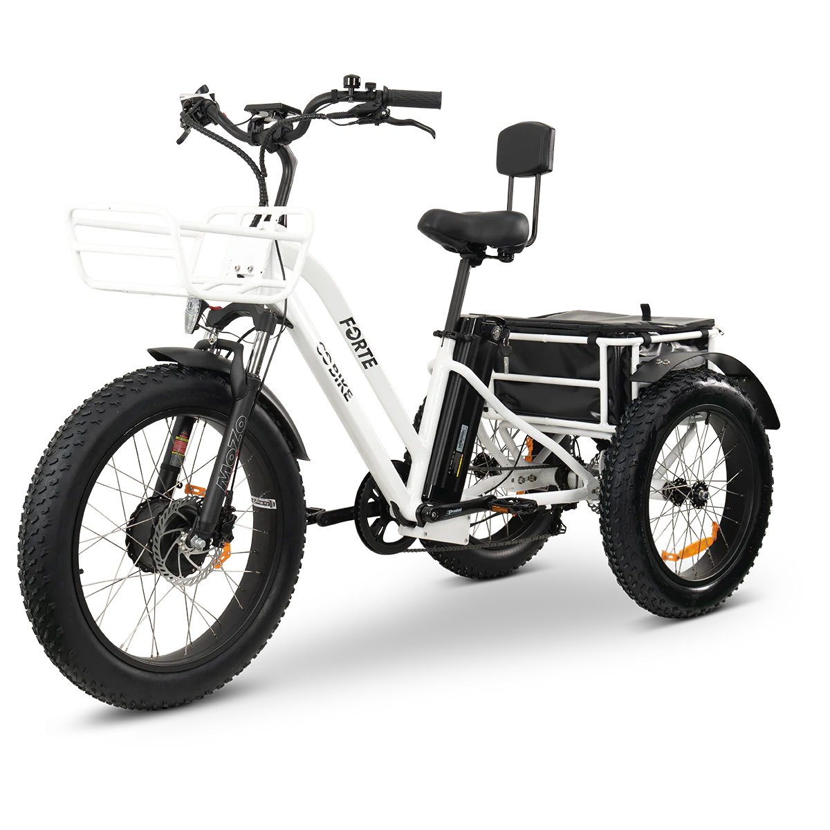 A white GoBike FORTE electric tricycle with front and rear metal baskets.