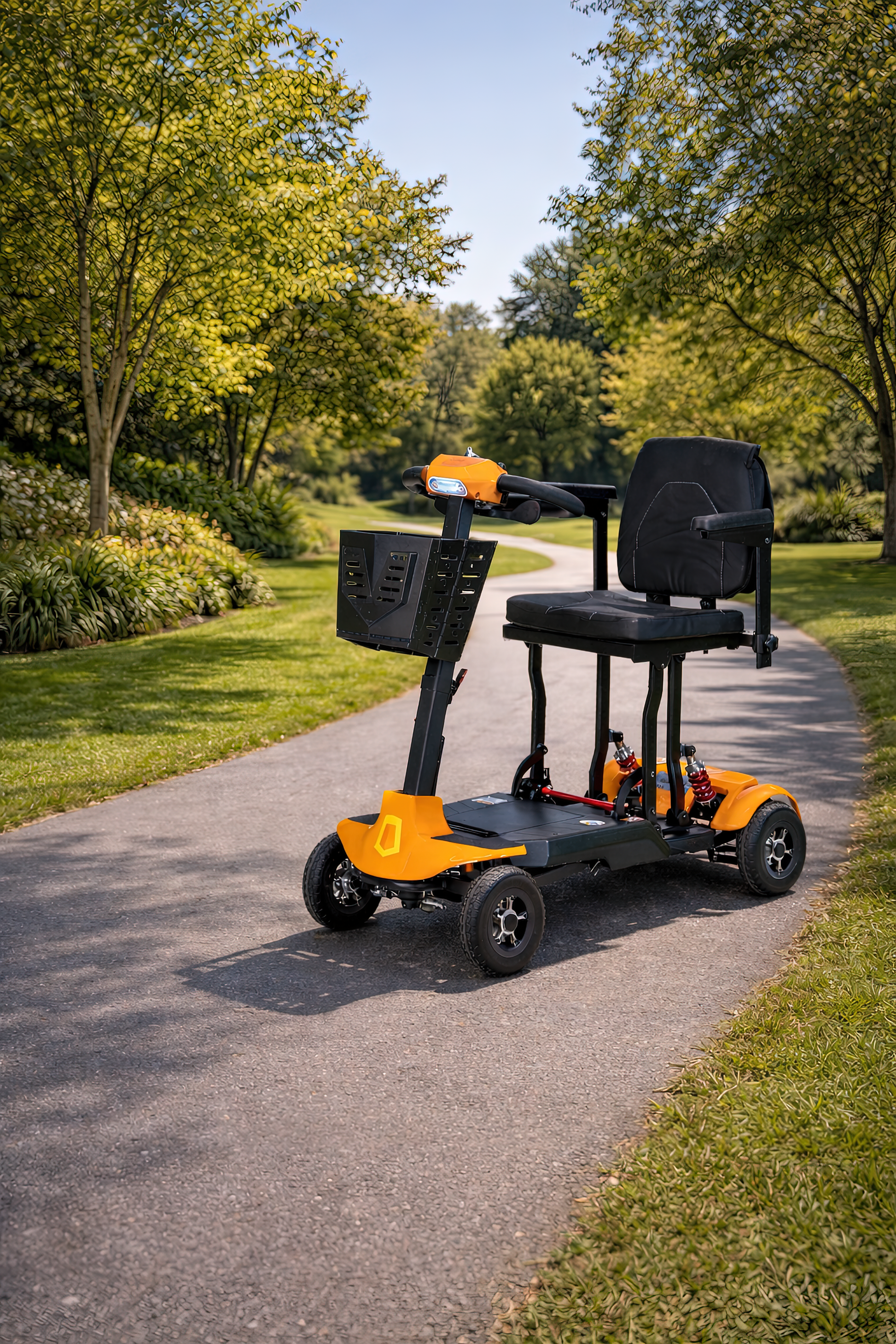 Monarch Mobility Genie Auto Folding Mobility Scooter in Orange on Trail