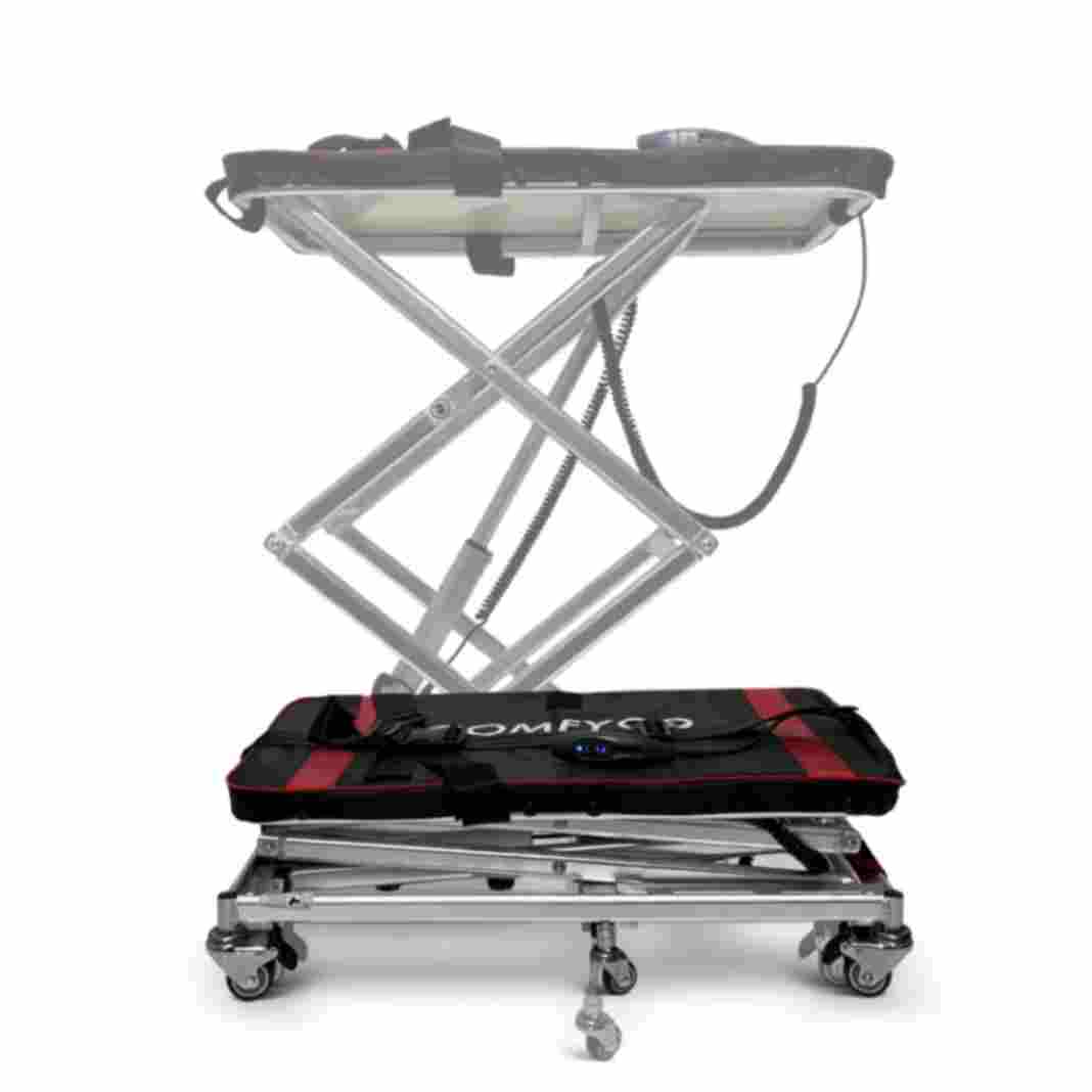 A portable automated scooter lift with a metallic frame and a black padding-covered platform, equipped with wheels and a folding mechanism, designed for loading and unloading electric wheelchairs and scooters.