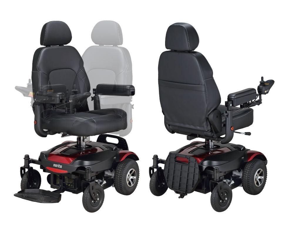 Two power wheelchairs with adjustable seats on a white background