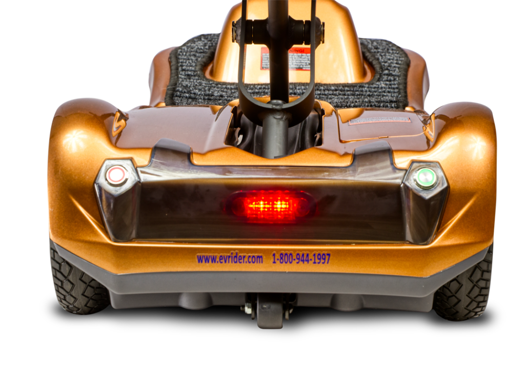 EV Rider Transport AF+ folding mobility scooter in copper rear close up